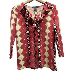 LAUREN RALPH LAUREN Women's Boho Aztec Cotton Modal Ruffle Top Blouse LS Size L